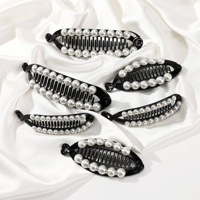 Faux Pearl Rhinestone Hair Claws Clip Fish Shape Banana Barrettes Hairpins
