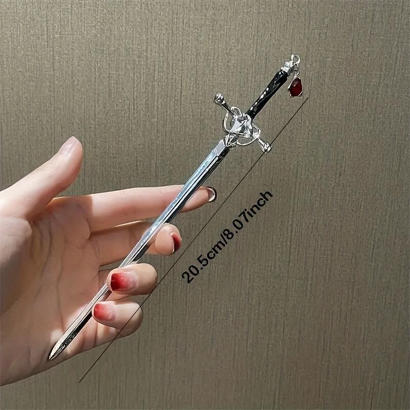 Chinese Style Punk Ruby Hairpin Silvery Sword Hanfu Vintage Hair Pin