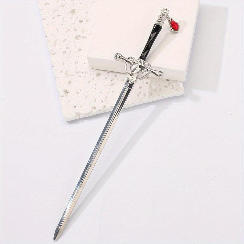 Chinese Style Punk Ruby Hairpin Silvery Sword Hanfu Vintage Hair Pin