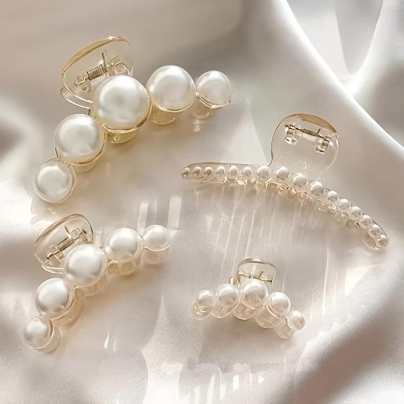 4pcs French Faux Pearl Hair Claw Clip Non Slip Strong Hold Grip Hair Accessories