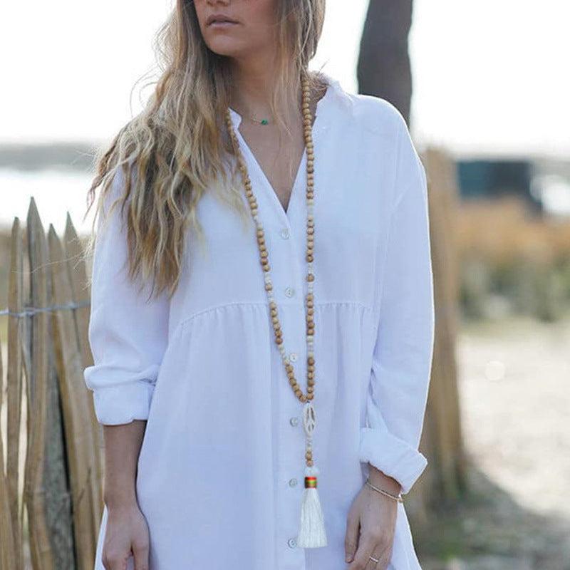 Peace Love Star Turquoise Beaded Long Necklace Women's Sweater Chain Jewelry