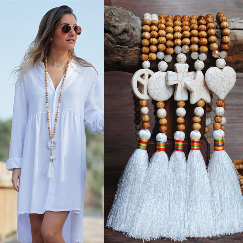 Peace Love Star Turquoise Beaded Long Necklace Women's Sweater Chain Jewelry