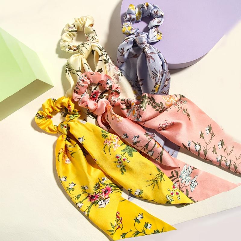 Floral Print Bowknot Hair Scarf Scrunchies Hair Tie Elastic Hair Scrunchy