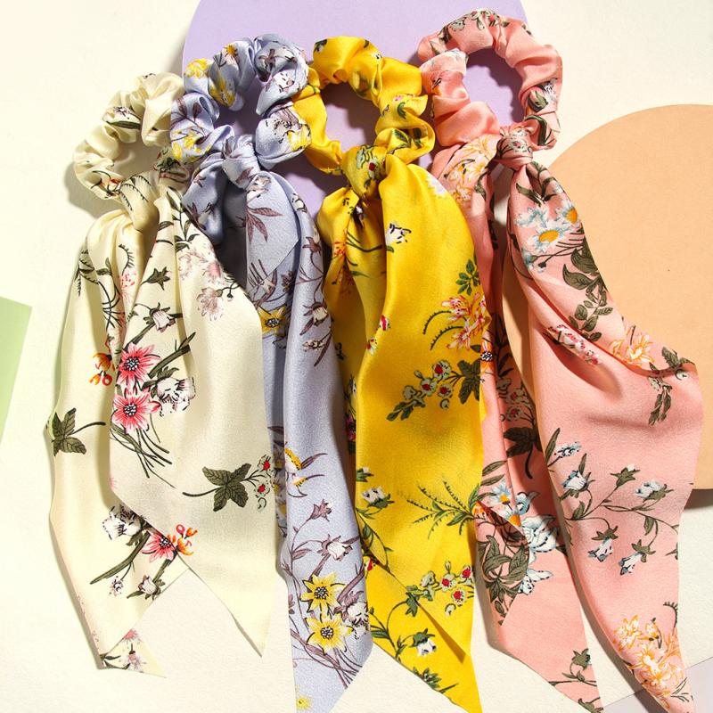 Floral Print Bowknot Hair Scarf Scrunchies Hair Tie Elastic Hair Scrunchy