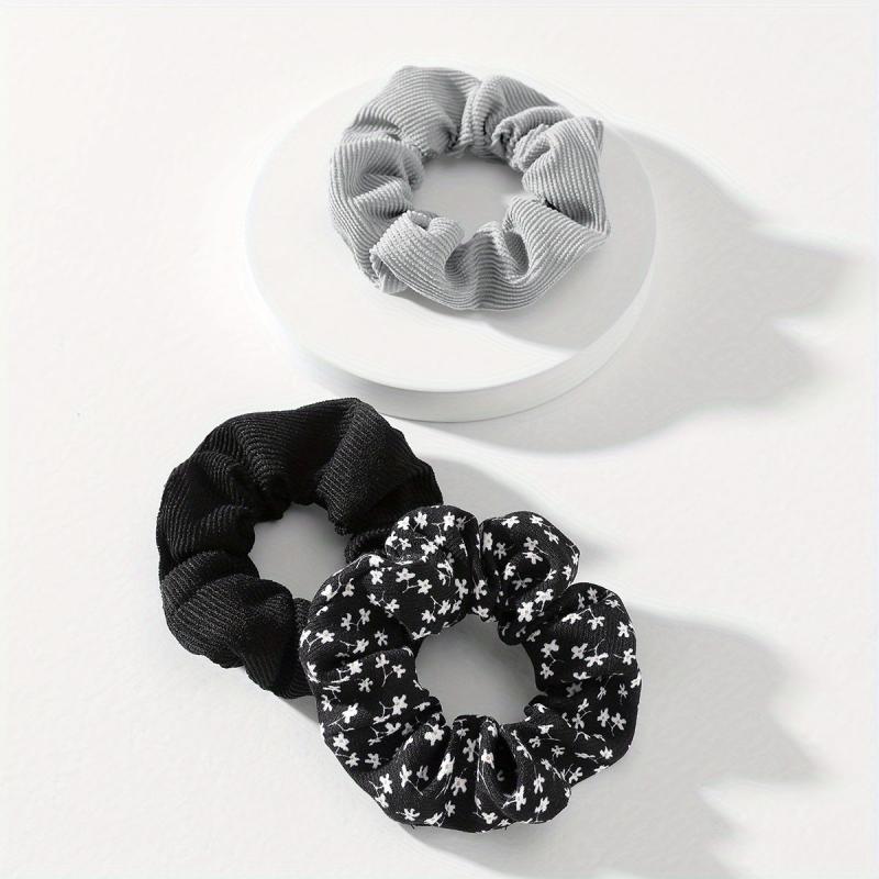3pcs Floral Solid Hair Scrunchies Soft Fabric Fit Curly Fine Thick Thin Hair