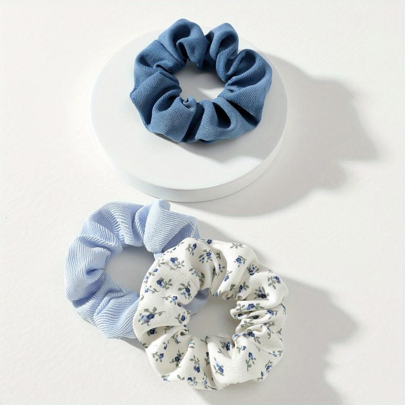 3pcs Floral Solid Hair Scrunchies Soft Fabric Fit Curly Fine Thick Thin Hair