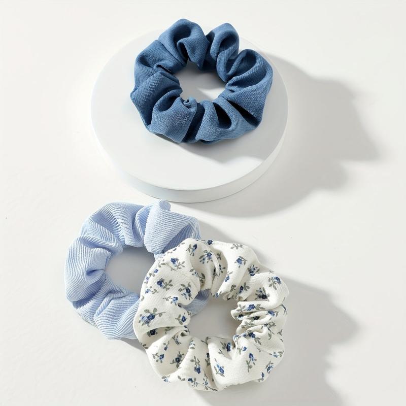 3pcs Floral Solid Hair Scrunchies Soft Fabric Fit Curly Fine Thick Thin Hair