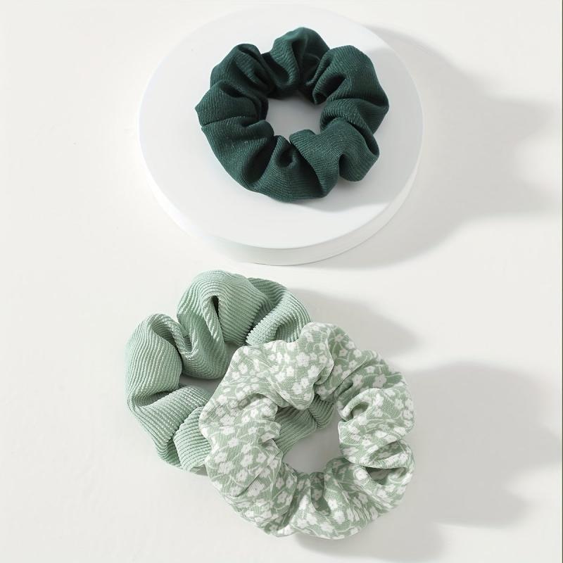 3pcs Floral Solid Hair Scrunchies Soft Fabric Fit Curly Fine Thick Thin Hair