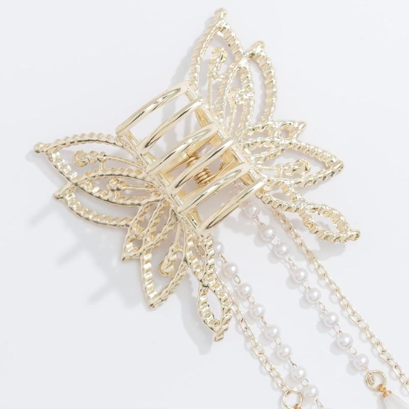 Rhinestone Faux Pearl Butterfly Tassel Hair Claw Clip Non Slip Strong Grip