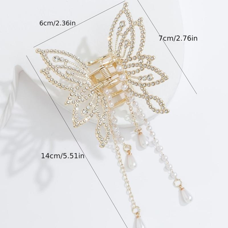 Rhinestone Faux Pearl Butterfly Tassel Hair Claw Clip Non Slip Strong Grip