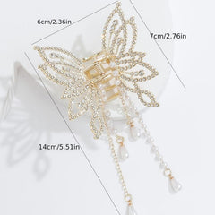 Rhinestone Faux Pearl Butterfly Tassel Hair Claw Clip Non Slip Strong Grip
