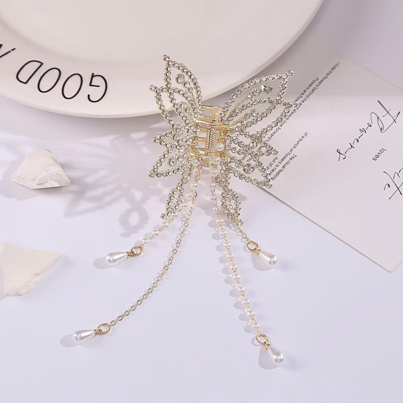 Rhinestone Faux Pearl Butterfly Tassel Hair Claw Clip Non Slip Strong Grip