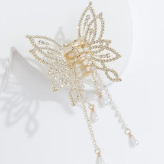 Rhinestone Faux Pearl Butterfly Tassel Hair Claw Clip Non Slip Strong Grip