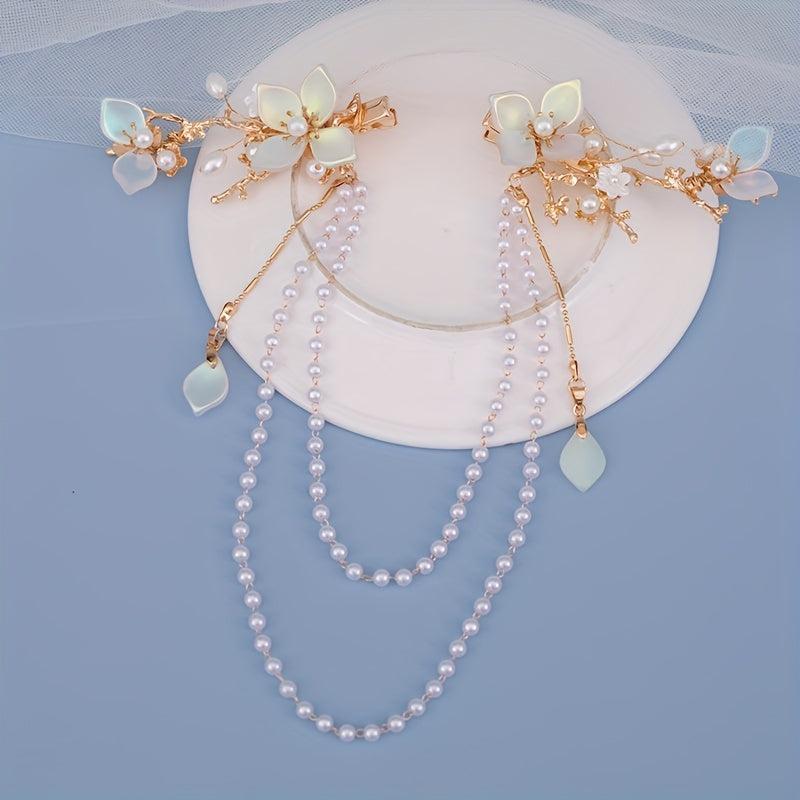 Hanfu Hair Clip Pearl Flower Leaf Hairpin Vintage Chinese Cheongsam Accessory