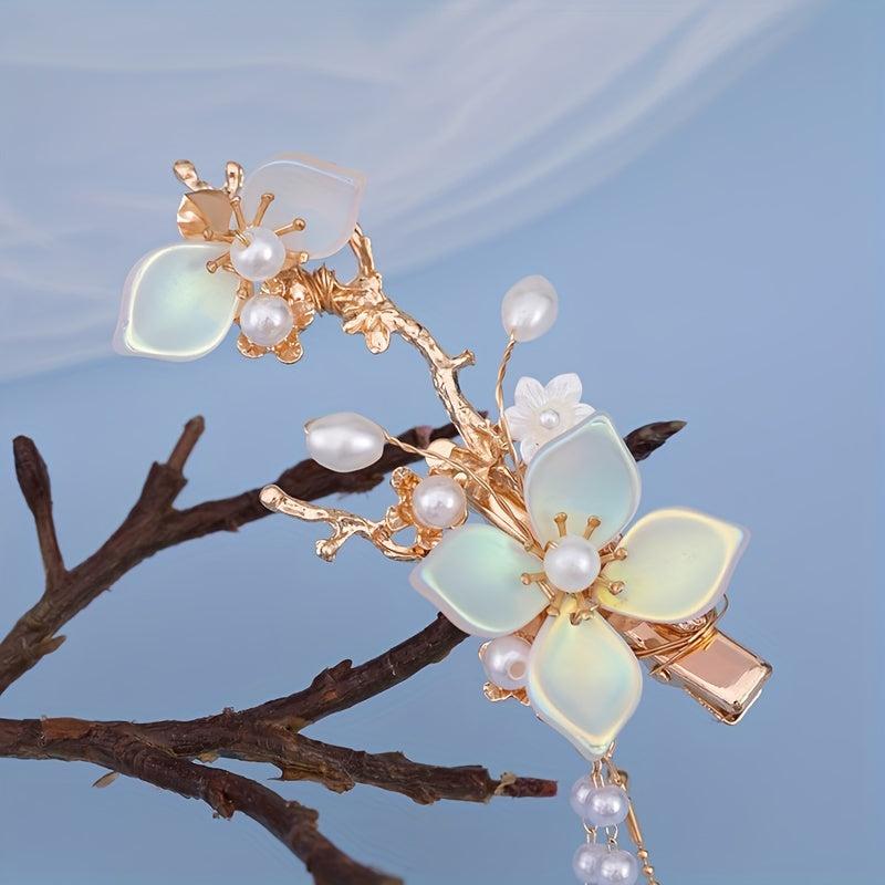 Hanfu Hair Clip Pearl Flower Leaf Hairpin Vintage Chinese Cheongsam Accessory