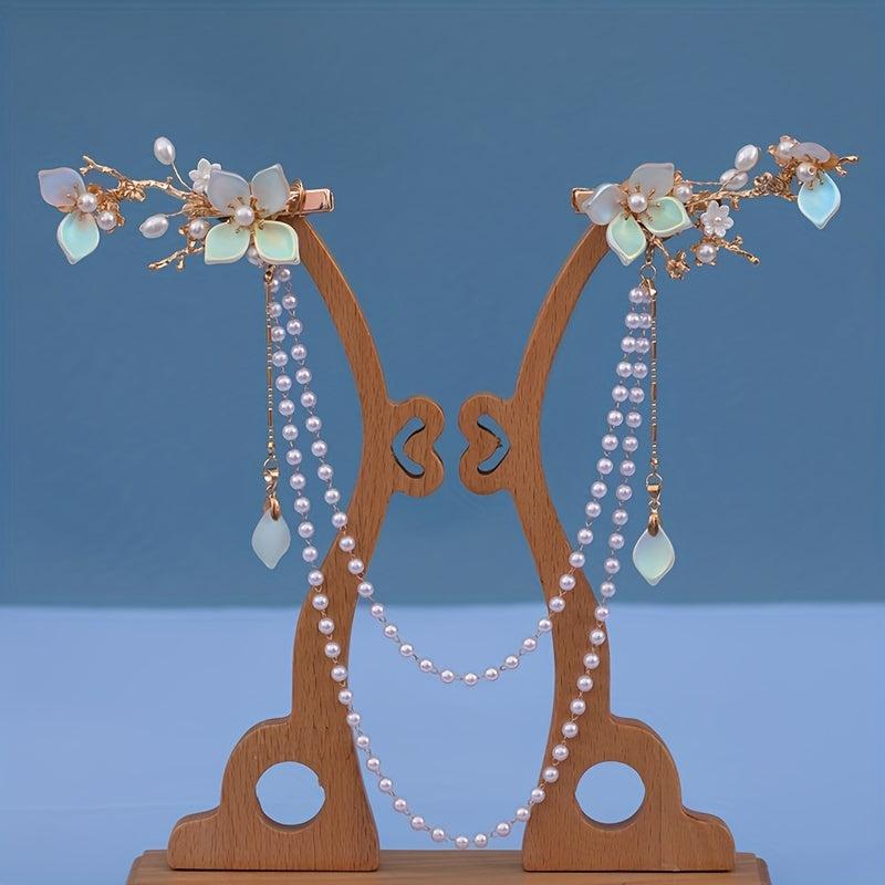 Hanfu Hair Clip Pearl Flower Leaf Hairpin Vintage Chinese Cheongsam Accessory