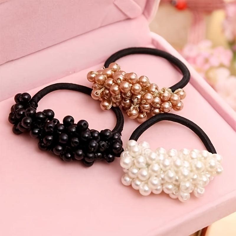 Faux Pearl Hair Elastics Ties Thick Stretchy Rubber Bands Ponytail Holder