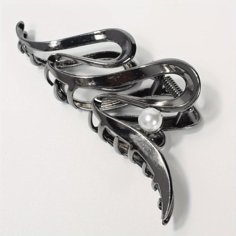 Wavy Faux Pearl Hair Claw Clip Silvery Strong Grip