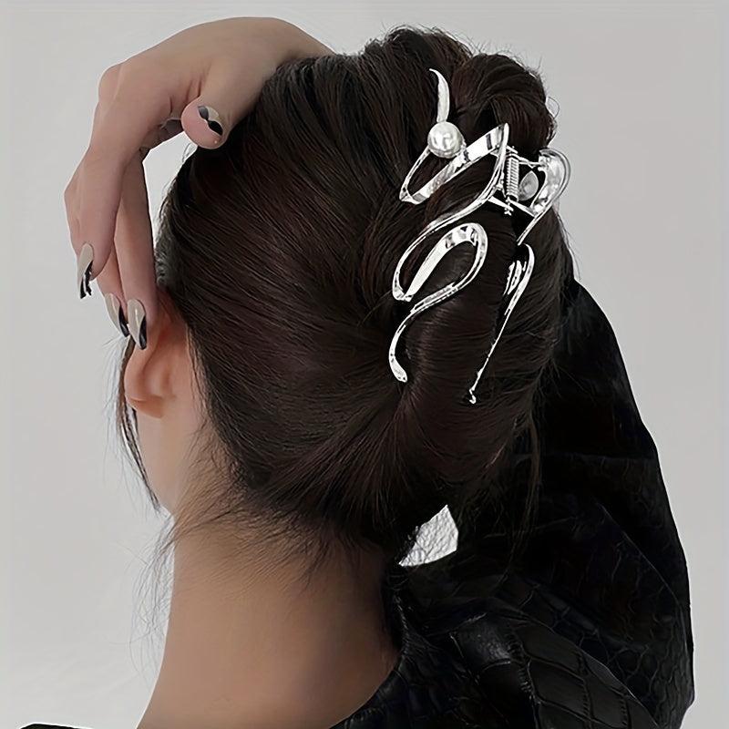 Wavy Faux Pearl Hair Claw Clip Silvery Strong Grip
