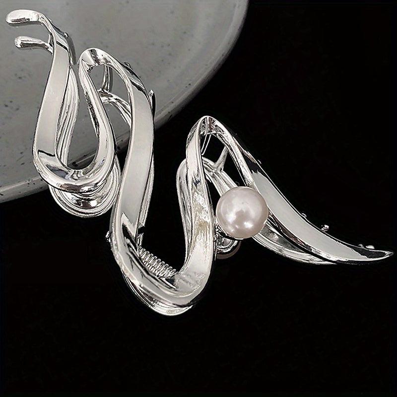 Wavy Faux Pearl Hair Claw Clip Silvery Strong Grip