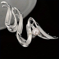 Wavy Faux Pearl Hair Claw Clip Silvery Strong Grip