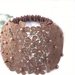 Wide Lace Headband with Floral Design and Faux Pearls