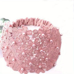 Wide Lace Headband with Floral Design and Faux Pearls