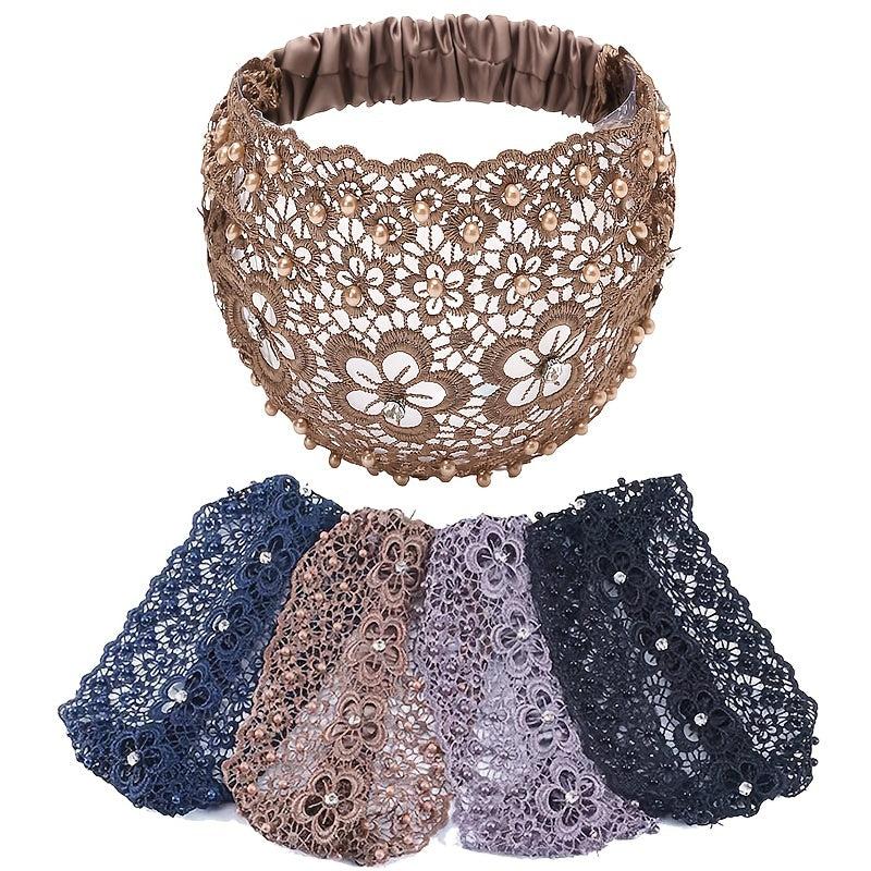 Wide Lace Headband with Floral Design and Faux Pearls