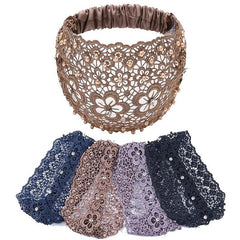 Wide Lace Headband with Floral Design and Faux Pearls