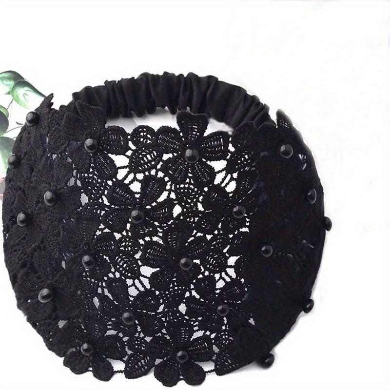 Wide Lace Headband with Floral Design and Faux Pearls