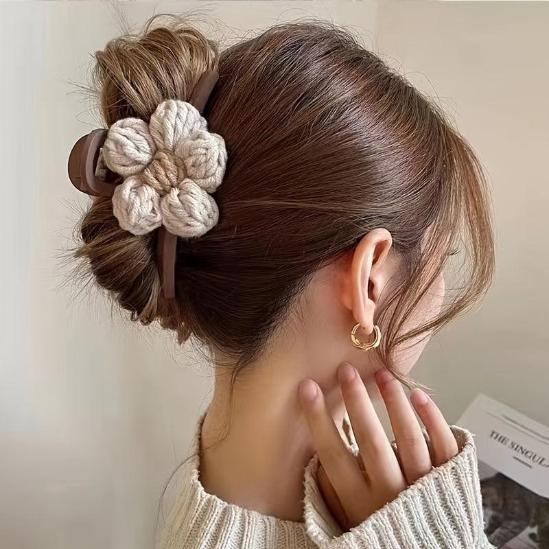 2pcs Knitted Floral Hair Claw Clip French Strong Hold Grip Hair Jaw Clip