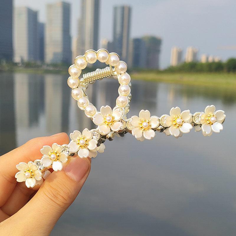 Faux Pearl Rhinestone Flower Hair Claw Clip Strong Grip Hair Jaw Clip