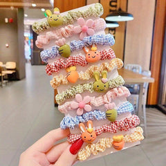 10pcs Cartoon Fruits Scrunchies Hair Tie Plaid Hair Rope Ponytail Holder Girls