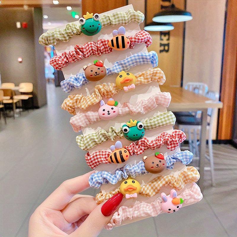 10pcs Cartoon Fruits Scrunchies Hair Tie Plaid Hair Rope Ponytail Holder Girls