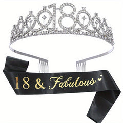 Rhinestone Tiara Crown & Sash Set for Birthday Party - Women Girls