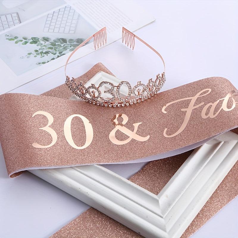 Rhinestone Tiara Crown & Sash Set for Birthday Party - Women Girls
