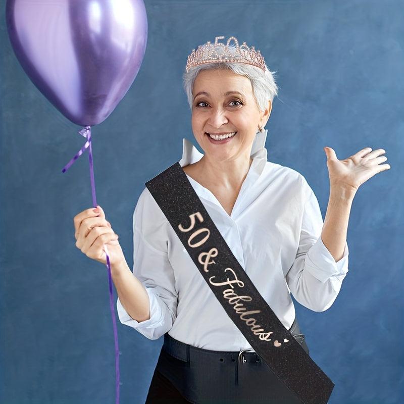 Rhinestone Tiara Crown & Sash Set for Birthday Party - Women Girls