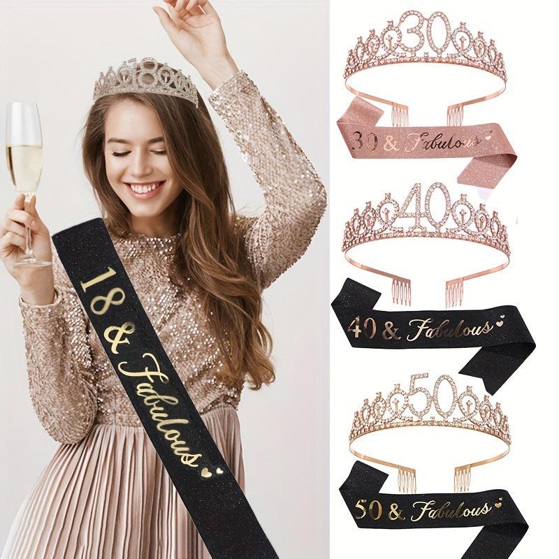Rhinestone Tiara Crown & Sash Set for Birthday Party - Women Girls