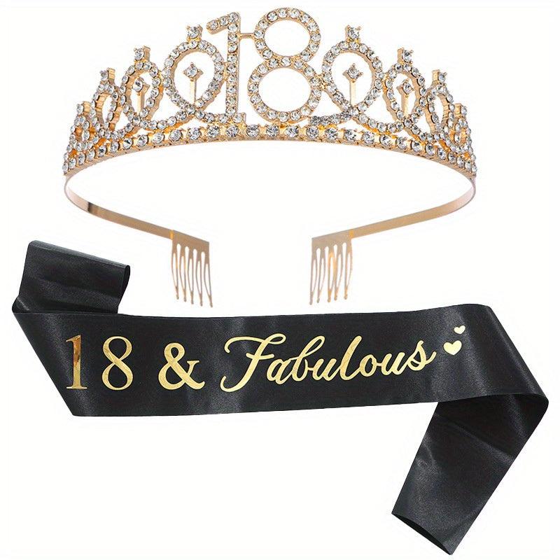 Rhinestone Tiara Crown & Sash Set for Birthday Party - Women Girls