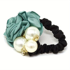 Faux Pearl Flower Hair Ties Scrunchie Wide Band Elastic Accessory
