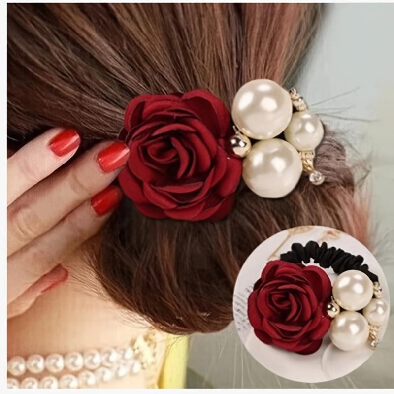 Faux Pearl Flower Hair Ties Scrunchie Wide Band Elastic Accessory