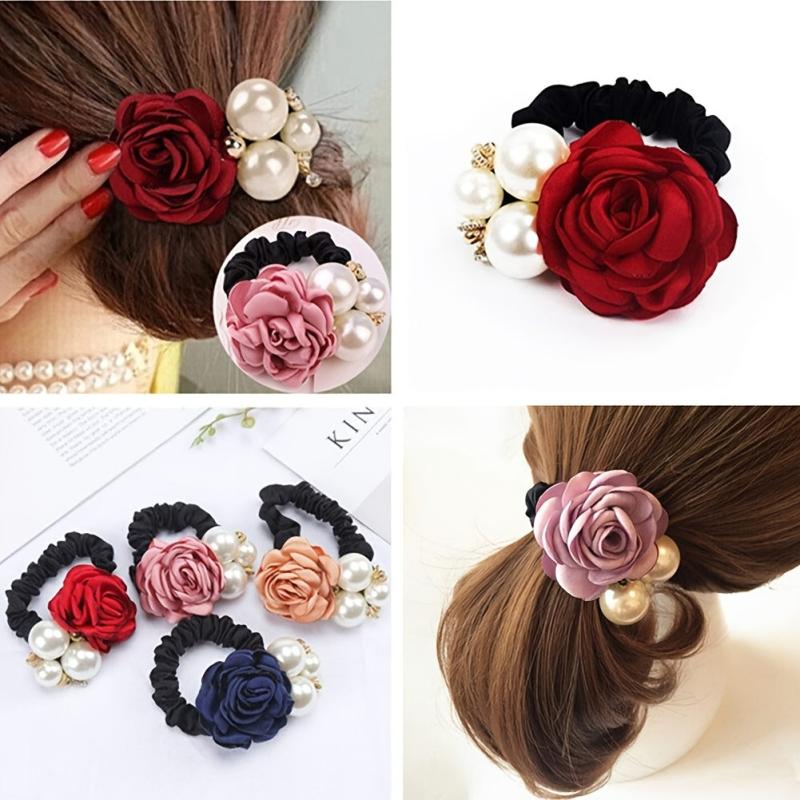 Faux Pearl Flower Hair Ties Scrunchie Wide Band Elastic Accessory