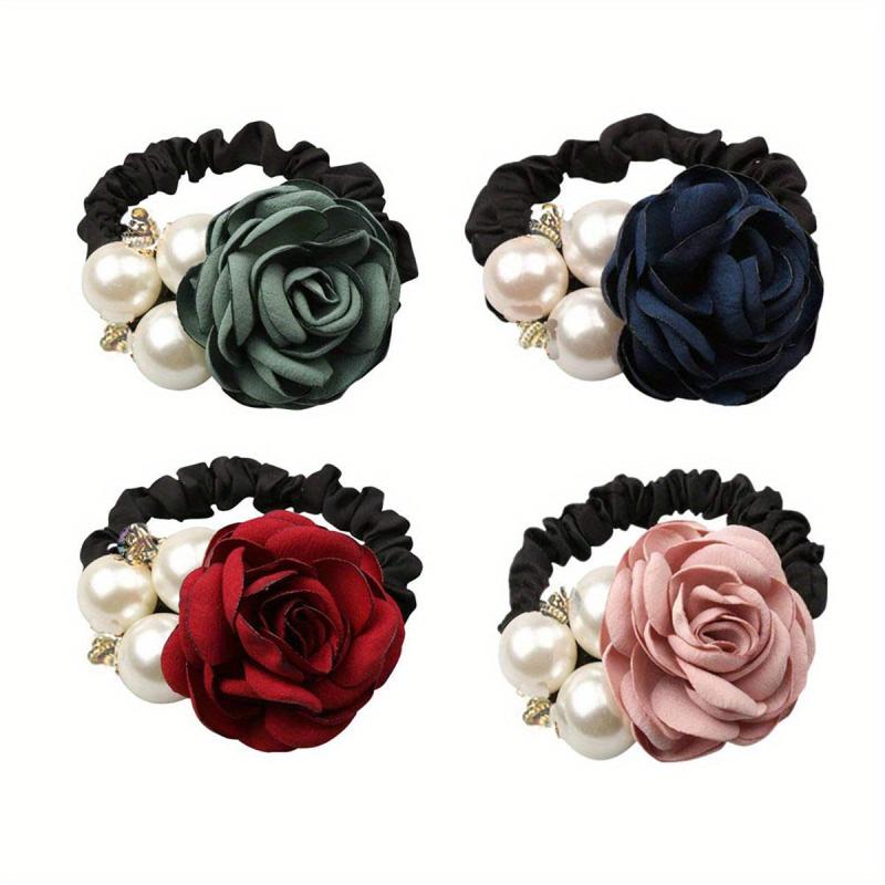Faux Pearl Flower Hair Ties Scrunchie Wide Band Elastic Accessory
