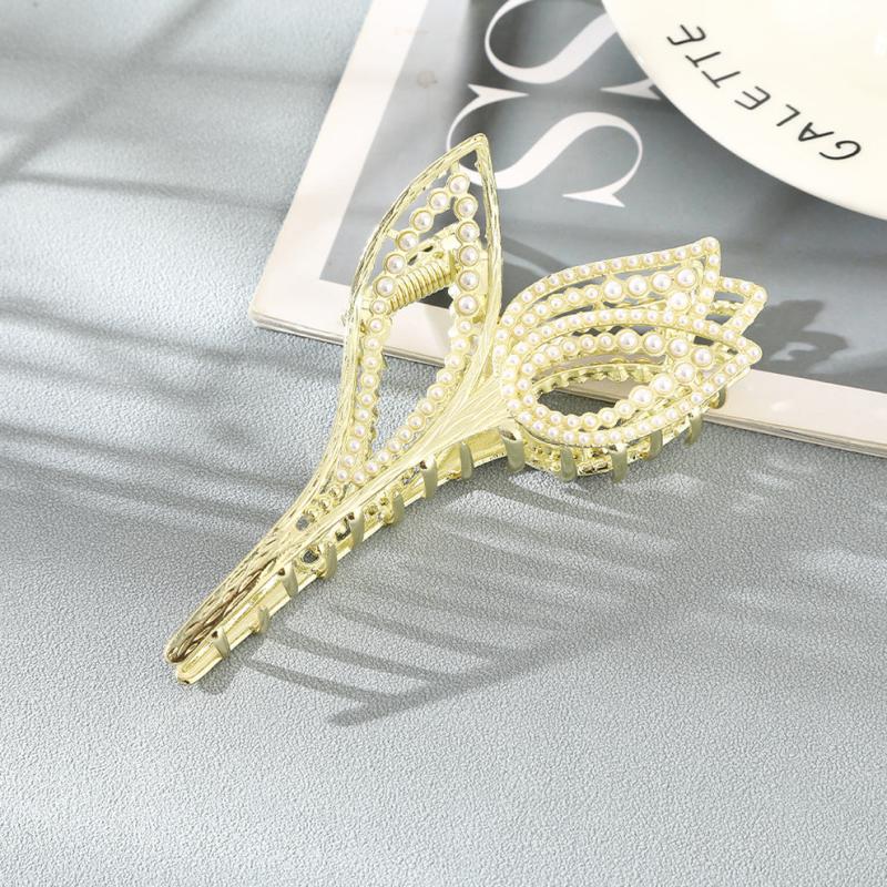 Rose Flower Metal Hair Claw Barrette Velvet Faux Pearl Snap Clip
