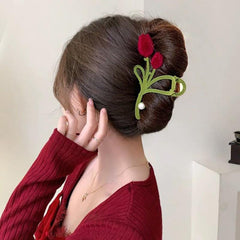 Rose Flower Metal Hair Claw Barrette Velvet Faux Pearl Snap Clip