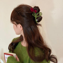Rose Flower Metal Hair Claw Barrette Velvet Faux Pearl Snap Clip