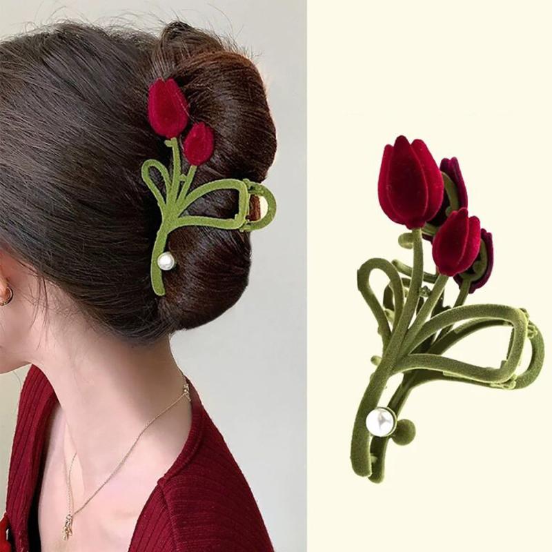 Rose Flower Metal Hair Claw Barrette Velvet Faux Pearl Snap Clip