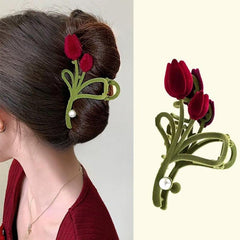Rose Flower Metal Hair Claw Barrette Velvet Faux Pearl Snap Clip