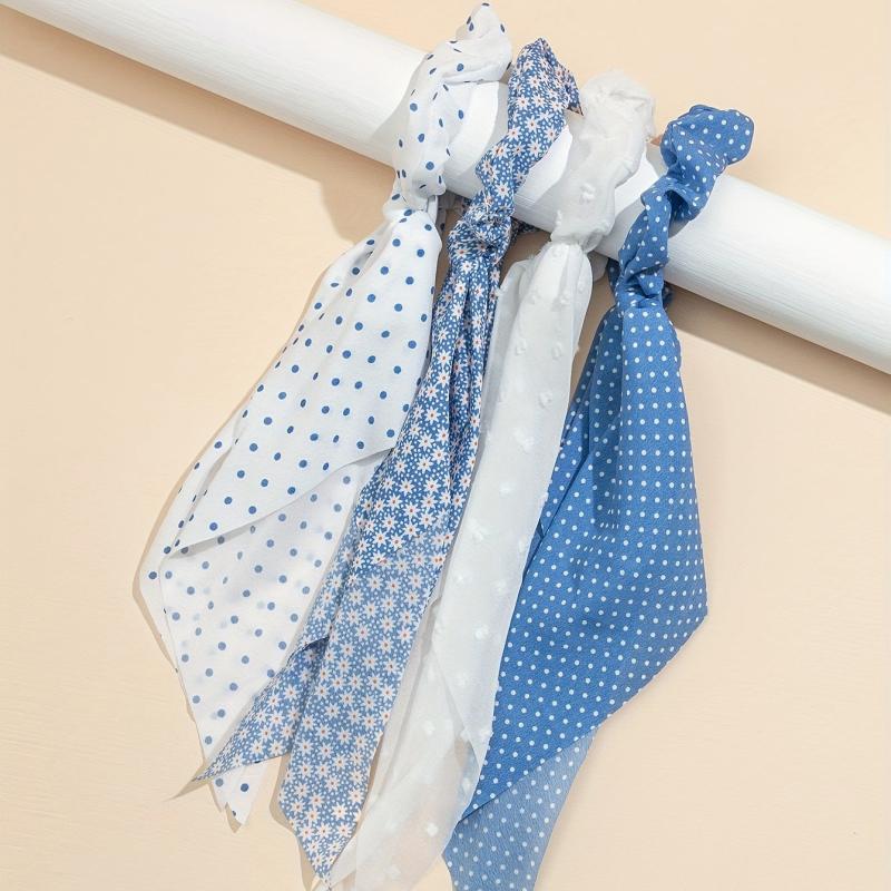 Polka Dot Scarf Scrunchies Hair Tie with Ribbon Tails Hair Rope Ponytail Holder