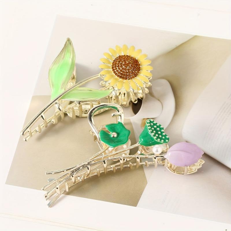 Sunflower Tulip Hair Claw Clip Golden Metal Strong Hold Grip